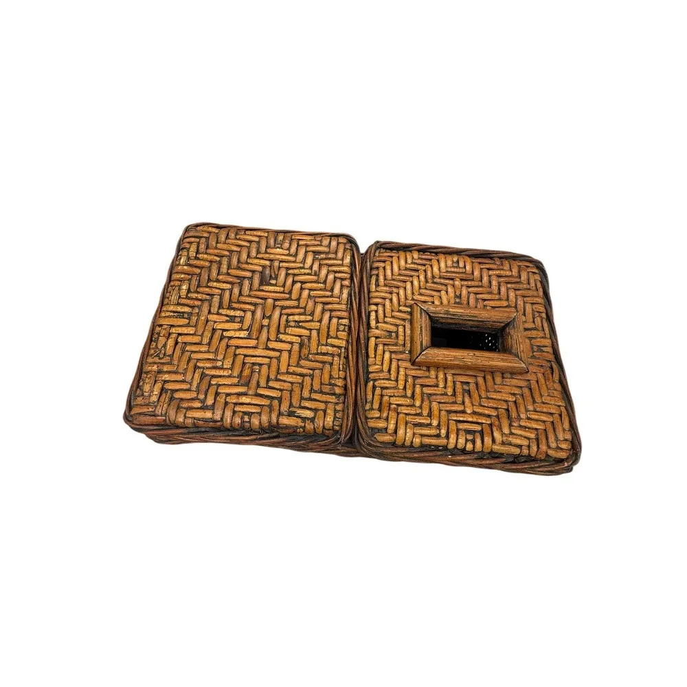 Vintage Woven Wicker Dual Compartment Tissue Box Cover and Storage Basket Brown